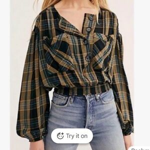 Free People Cropped Plaid Shirt